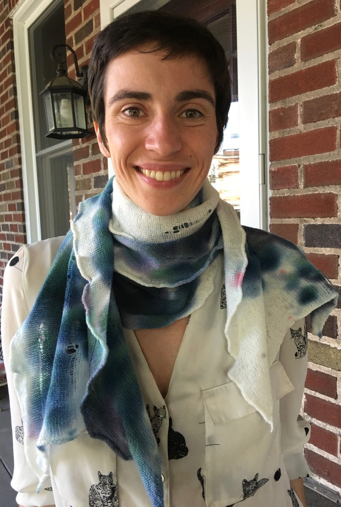 Intentionally distressed scarf, dyed randomly, and felted