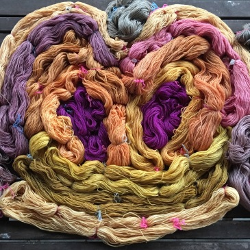 Yarn dyed with plant colors extracted by cooking and fermentation