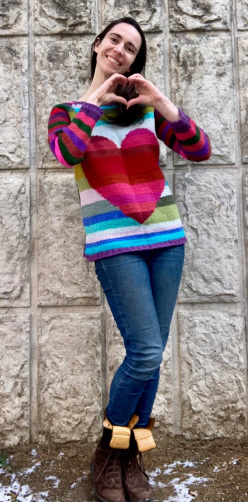 Machine-knit sweater with intarsia heart